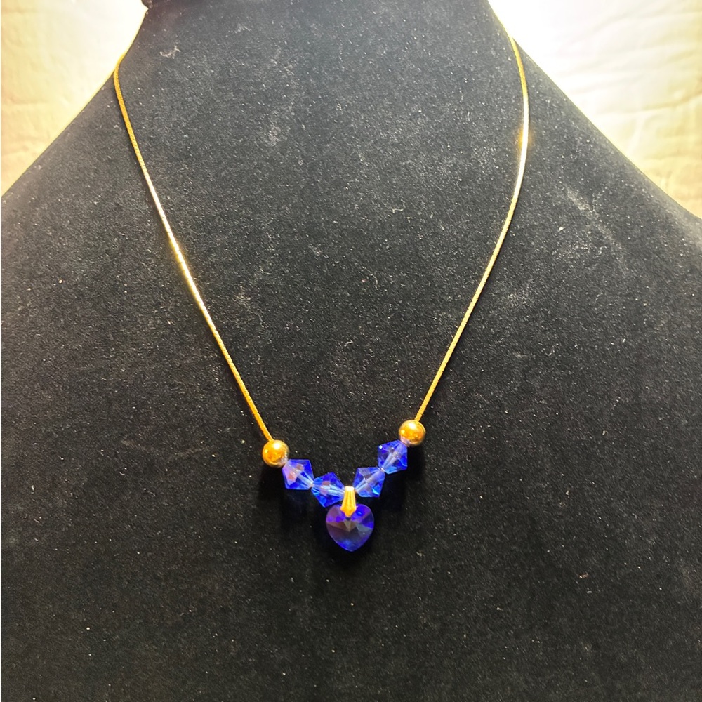 Beautiful Blue Heart Pendant with Blue Diamond Shaped Beads on Gold Tone Chain
